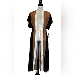 Swim cover up Black and Brown Sheer Kimono dress gathered waist tie size medium